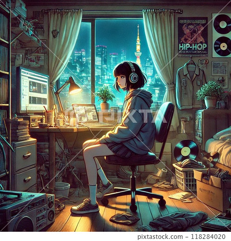 東京深夜,一個女孩在凌亂的房間工作 東京深夜,一個女孩在凌亂的房間工作 118284020