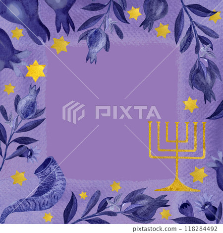 Rosh Hashanah, Hanukkah watercolor square frame on purple background. Menorah and pomegranates star shofar blue and gold art isolated on white. Dark blue gold great for cards, posters. Jewish Rosh Hashanah, Hanukkah watercolor square frame on purple background. Menorah and pomegranates star shofar blue and gold art isolated on white. Dark blue gold great for cards, posters. Jewish 118284492