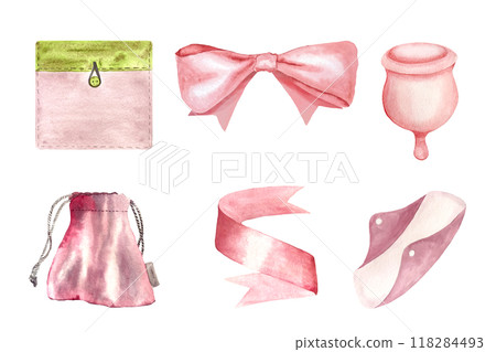 A menstrual cup, a period pad, a fabric pouches, ribbons peach watercolor set isolated on white. Great for eco-friendly menstrual care design, packaging, websites. Sustainable lifestyle of modern 118284493