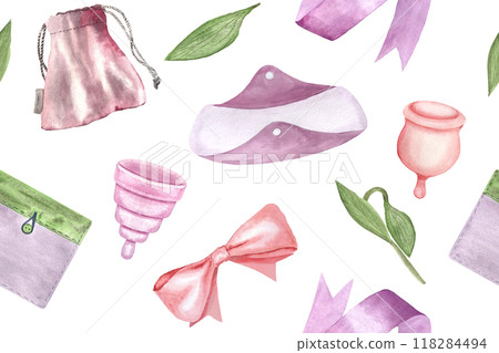 A period pad, menstrual cups, cover, ribbon watercolor seamless pattern. Menstrual protection items isolated on white. Ideal for packaging, website background. Sustainable lifestyle choices of women 118284494