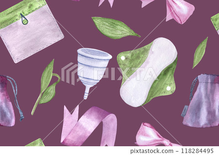 A period pad, menstrual cups, cover, ribbon watercolor seamless pattern on purple background. Menstrual protection items. Ideal for packaging, website background. Sustainable lifestyle choices of 118284495