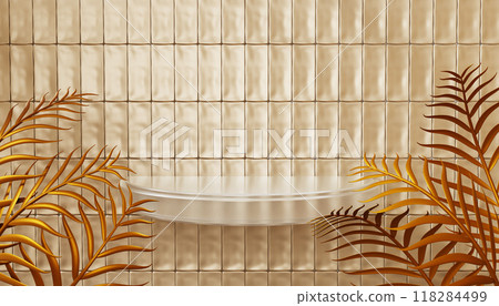 Glass transparent shelf on pastel beige wall with rectangle tile pattern and tropical orange gold palm leaf 3d render background. Bathroom interior with empty product podium display. 3D illustration 118284499