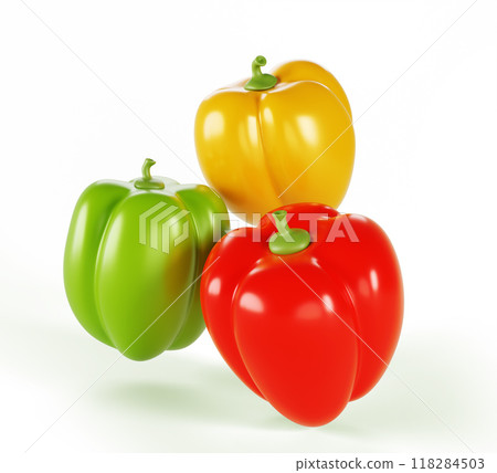 3d red, green and yellow bell pepper capsicum realistic render icon. Organic vegetable harvest, farm product healthy food. Natural sweet paprika seasoning isolated on white background. 3D illustration 3d red, green and yellow bell pepper capsicum realistic render icon. Organic vegetable harvest, farm product healthy food. Natural sweet paprika seasoning isolated on white background. 3D illustration 118284503