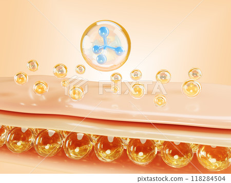 3d skin cell structure with water molecule and gold oil drops render background. Epidermis layer with fatty tissue and beauty care collagen serum, liquid clear hyaluronic acid bubbles. 3D illustration 118284504
