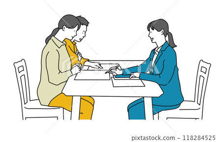 情侶與銷售人員見面場景的簡單插畫 情侶與銷售人員見面場景的簡單插畫 118284525