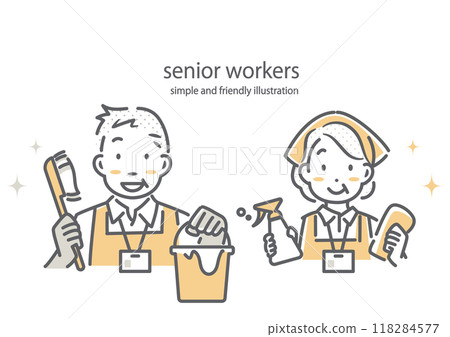 A senior couple working energetically at a cleaning job. Simple and stylish line drawing illustration 118284577