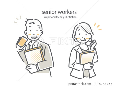 Senior couple working energetically in the office Simple and stylish line drawing illustration 118284737