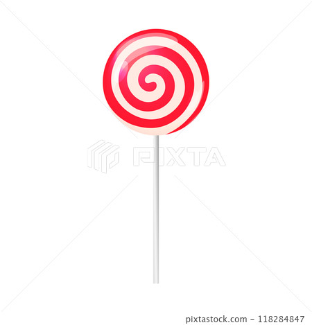 Lollipop isolated vector illustration. Round red and white Christmas candy on stick. Traditional swirl dessert, spiral sweet treat Lollipop isolated vector illustration. Round red and white Christmas candy on stick. Traditional swirl dessert, spiral sweet treat 118284847