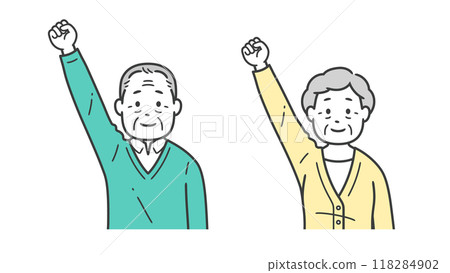 Upper body illustration of elderly men and women doing fist pumps 118284902