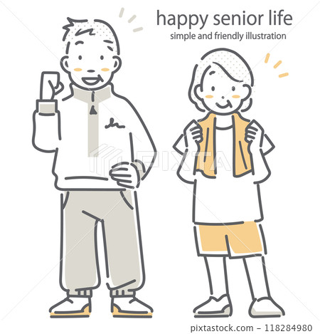 健康的老年夫婦-簡單時尚的線條畫插圖 118284980