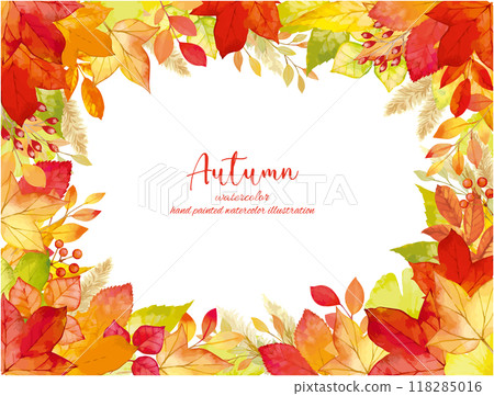 A frame of autumn leaves decorated with fallen leaves hand-drawn in watercolor A frame of autumn leaves decorated with fallen leaves hand-drawn in watercolor 118285016