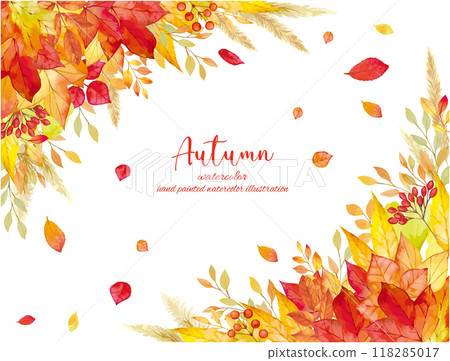 Textile background material with a motif of autumn leaves, decorated with fallen leaves drawn by hand in watercolors, which is reminiscent of autumn 118285017