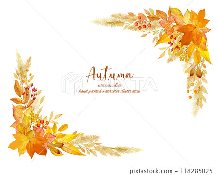 Background material with a motif of autumn leaves decorated with fallen leaves drawn by hand in watercolor. Frame material of leaves with an image of autumn Background material with a motif of autumn leaves decorated with fallen leaves drawn by hand in watercolor. Frame material of leaves with an image of autumn 118285025