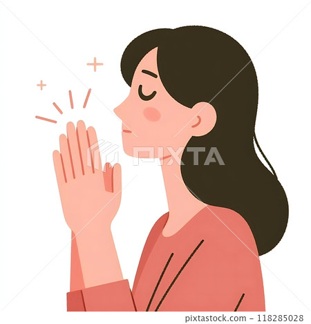 A serene flat-style illustration of a woman in prayer, hands together, with a simple white background. Ideal for religious content, meditation, spirituality, and peaceful designs.  118285028