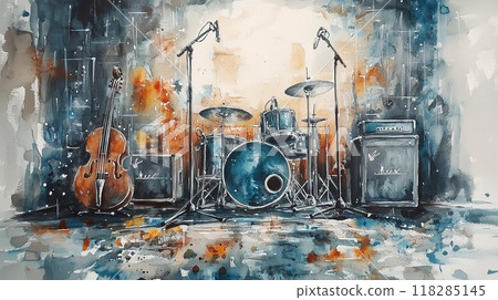 【復古現場舞台】強而有力的鼓聲和大提琴演奏的音樂時刻-水彩風格的藝術作品 【復古現場舞台】強而有力的鼓聲和大提琴演奏的音樂時刻-水彩風格的藝術作品 118285145