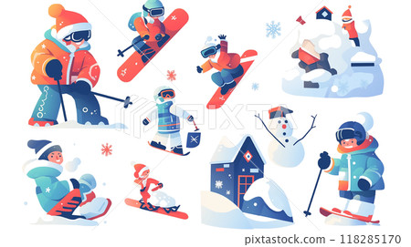 Winter sports character icon set: skiing & snowboarding, fun snow play design 118285170