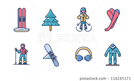 Ski & snowboard icon set: winter sports equipment and activities design 118285171
