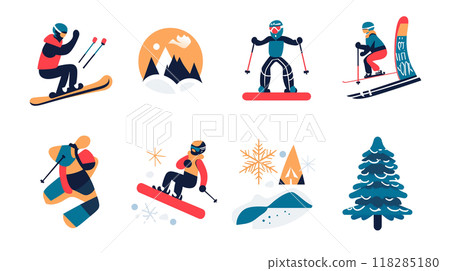 Winter sports icon set: designs for skiing, snowboarding, and enjoying snowy mountain activities 118285180
