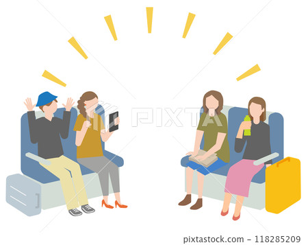 Illustration of a group of women enjoying travelling by train Illustration of a group of women enjoying travelling by train 118285209