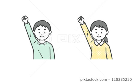 Upper body illustration of a boy and girl doing a fist pump Upper body illustration of a boy and girl doing a fist pump 118285230