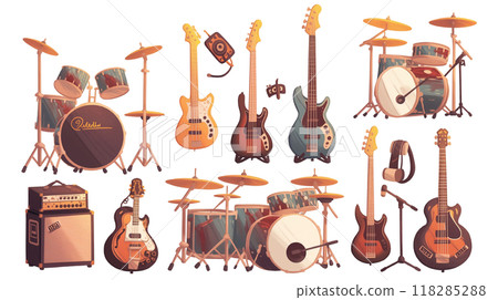 Professional band instruments icon set - guitar, bass, drums, amps and more perfect for music production 118285288