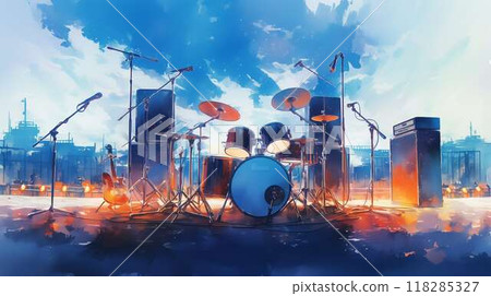 [Live Stage Under the Blue Sky] Electric Guitar and Drum Set with a Feeling of Openness – Attractive Watercolor-Style Art 118285327