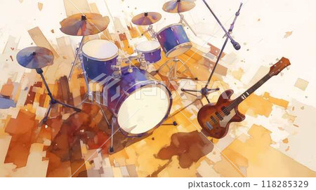 [Warm live stage] Electric guitar and drum set ensemble – Attractive watercolor-style art 118285329