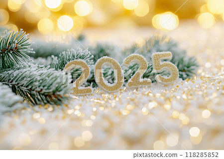 Festive 2025 made from snow-covered spruce branches with golden bokeh background 118285852