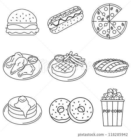 Simple American food line drawing illustration set 118285942
