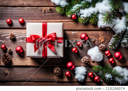 Christmas gift box and christmas decoration on wood background. Bokeh light. 118286074