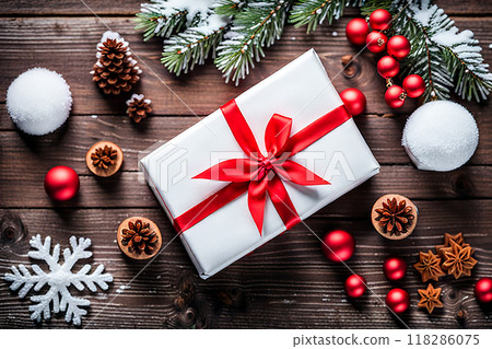 Christmas gift box and christmas decoration on wood background. Bokeh light. Christmas gift box and christmas decoration on wood background. Bokeh light. 118286075