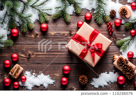 Christmas gift box and christmas decoration on wood background. Bokeh light. Christmas gift box and christmas decoration on wood background. Bokeh light. 118286076