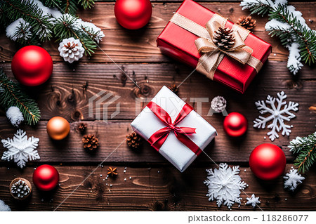 Christmas gift box and christmas decoration on wood background. Bokeh light. Christmas gift box and christmas decoration on wood background. Bokeh light. 118286077