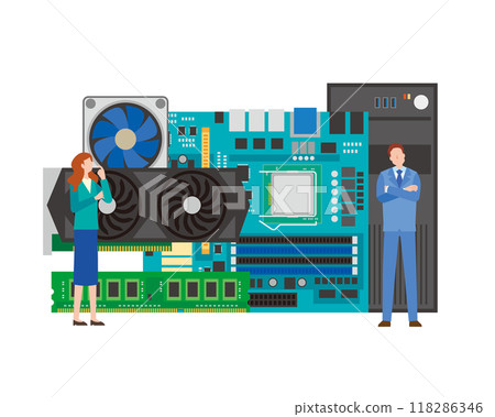 Men and women with doubts about computer parts Men and women with doubts about computer parts 118286346