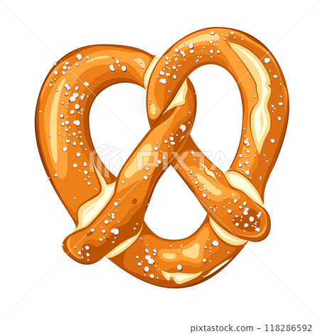 Vector illustration of a classic salted pretzel shaped like a heart with white salt crystals isolated on white background. 118286592