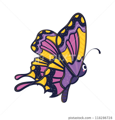 Colorful purple and yellow butterfly with smiling face Vector 118286728
