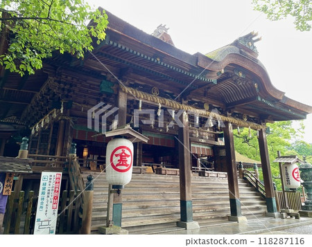 A view of the main shrine and worship hall in front of the main hall of Kotohira Shrine A view of the main shrine and worship hall in front of the main hall of Kotohira Shrine 118287116