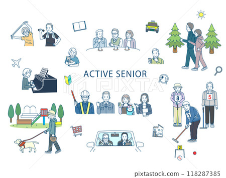 Active seniors, illustration of elderly people enjoying their retirement and hobbies Active seniors, illustration of elderly people enjoying their retirement and hobbies 118287385