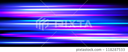Neon glowing horizontal stripes background. Blue pink speed light effect. Magic trail flare lines texture. Luminous laser beams and rays wallpaper design. Sparkling neon streaks backdrop. Vector 118287533