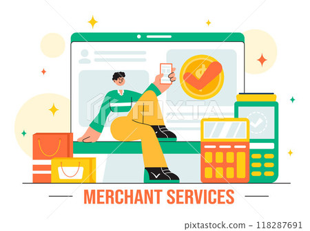 Merchant Services Vector Illustration of a Digital Marketing Strategy with People Referring Businesses and Earning Money Online in a Flat Background 118287691