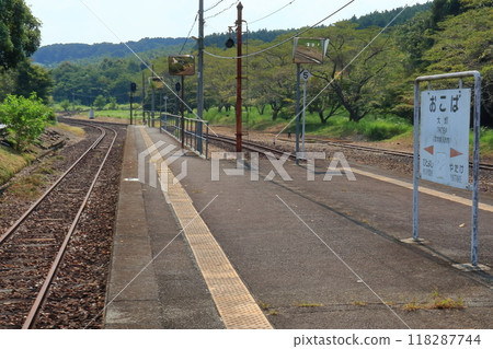 Station sign at Ohata Station on the Hisatsu Line. View towards the Loop Bridge (Hitoyoshi City, Kumamoto Prefecture) Station sign at Ohata Station on the Hisatsu Line. View towards the Loop Bridge (Hitoyoshi City, Kumamoto Prefecture) 118287744