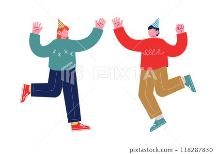 Cheerful friends having fun together at party celebrating holiday. Happy people smiling and dancing. Cartoon characters vector 118287830