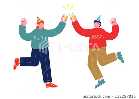 年輕人舉杯敬酒。快樂的朋友一起享受聚會慶祝節日。卡通人物基地 118287836