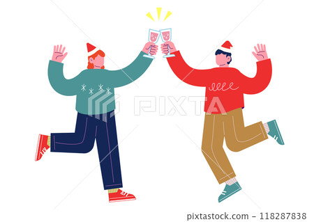 Young people holding drinks and toasting. Cheerful friends having fun together at party celebrating Christmas. Cartoon characters Young people holding drinks and toasting. Cheerful friends having fun together at party celebrating Christmas. Cartoon characters 118287838