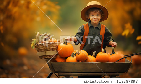 Smiling Child with Pumpkins in Autumn Scene 118287898