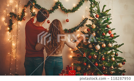 Young couple decorating Christmas tree together 118287950