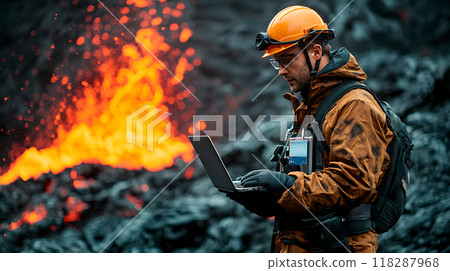 Volcanologist analyzing data near erupting volcano 118287968