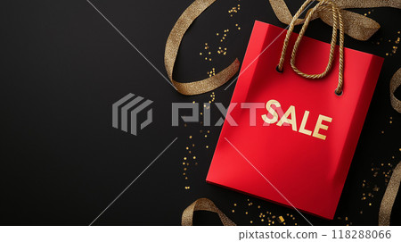 Black friday super sale, Red shopping bag with golden ribbon and gold confetti and text SALE on black background 118288066