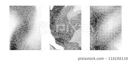 Black and white grunge halftone gradient collection. Gritty sand noise texture set. Retro dotted pixel backdrop pack. Comic polka dot overlay with grain effect for banner, poster, flyer. Vector 118288138
