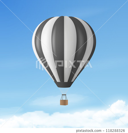 Vector Travel Banner with 3d Realistic Hot Air Balloon Icon on a Blue Sky Background. Design Template, Summer Vacation, Travelling, Tourism and Journey Concept Vector Travel Banner with 3d Realistic Hot Air Balloon Icon on a Blue Sky Background. Design Template, Summer Vacation, Travelling, Tourism and Journey Concept 118288326